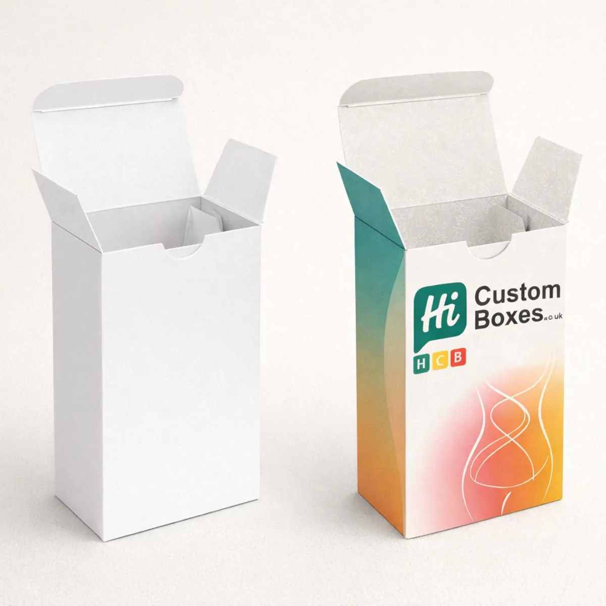 Two open-top cardboard cartons- one plain and one featuring a colourful gradient and patterned inner flaps- class=